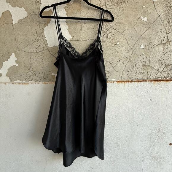 Vintage Black Satin Lace Slip Dress Appliqué Detail Coquette 90s Lingerie M - Picture 6 of 7